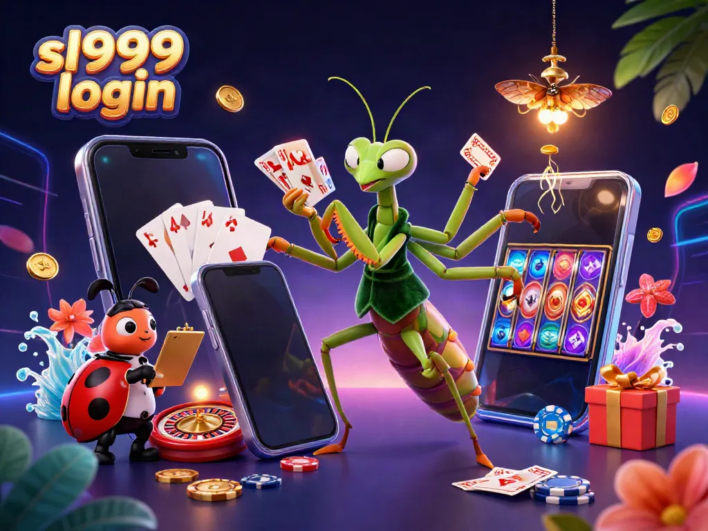 Experience sl999 login with dynamic casino elements in a vibrant 3D illustration.