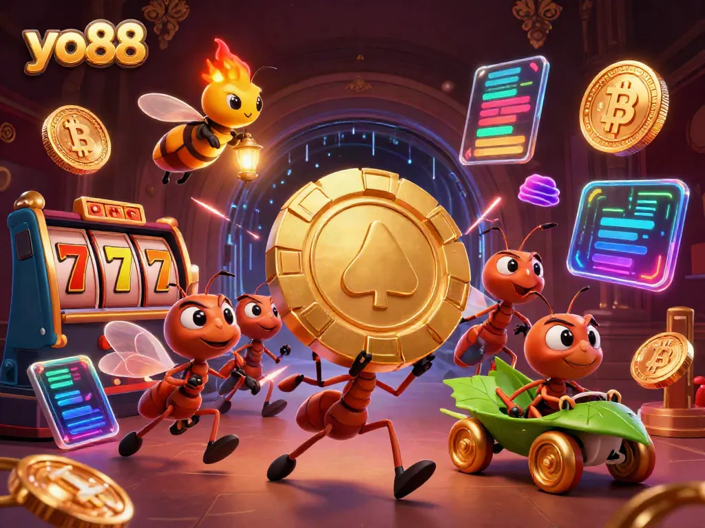 Experience thrilling action with yo88 as ants carry a gigantic golden poker chip through a vibrant casino-themed tunnel.