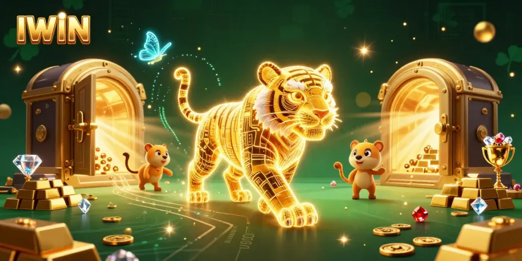 Experience the thrill of IWIN's digital casino with a vibrant, dynamic 3D scene showcasing a golden tiger and dazzling treasures.