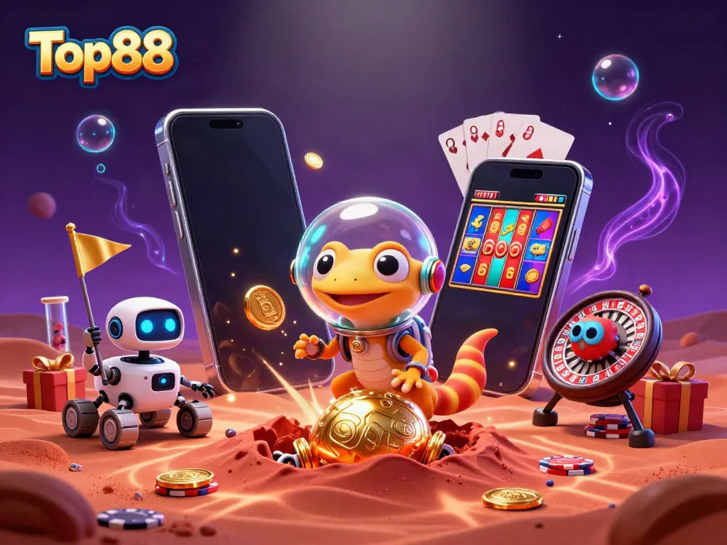 Experience Top88 with a Martian gecko discovering a golden casino amidst vibrant gambling elements.