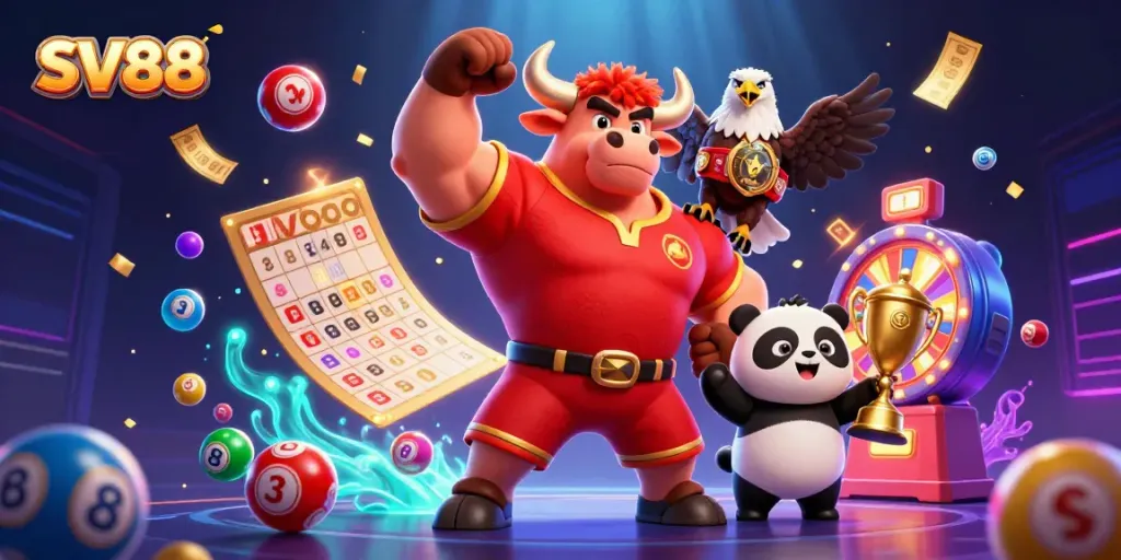 SV88 celebrates with vibrant characters amidst a dynamic gambling scene filled with lottery elements.