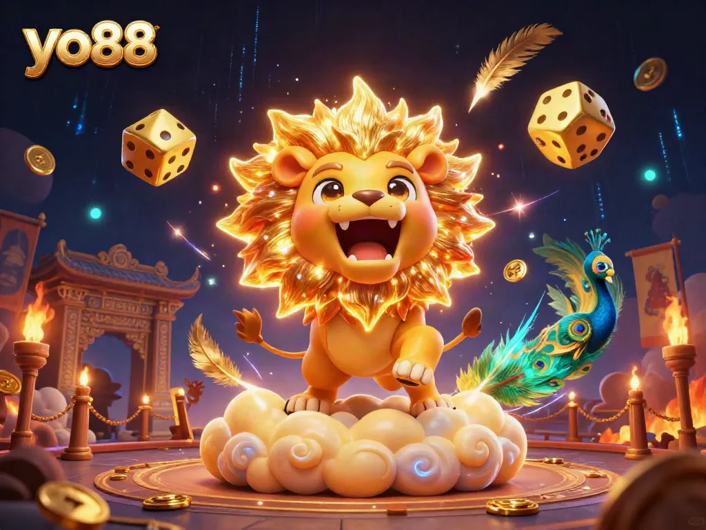 Experience the excitement of yo88 with a vibrant 3D scene capturing a roaring sun lion and gold dice.