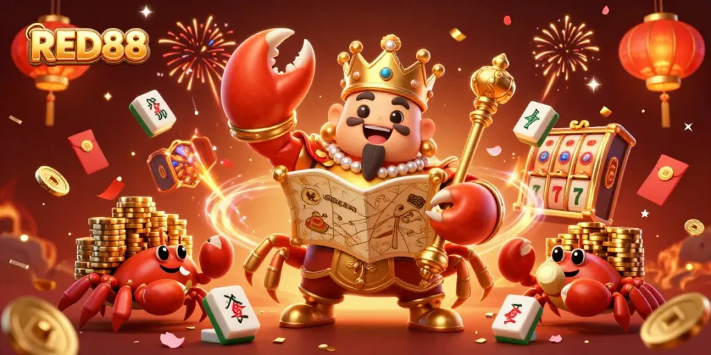 Experience thrilling slots at RED88 with a golden crab emperor and vibrant casino elements.