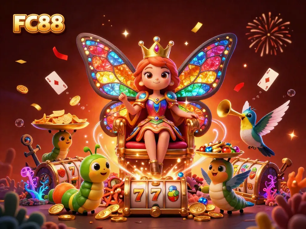 Experience the excitement of FC88 with vibrant 3D casino-themed elements and characters in a dazzling illustration.