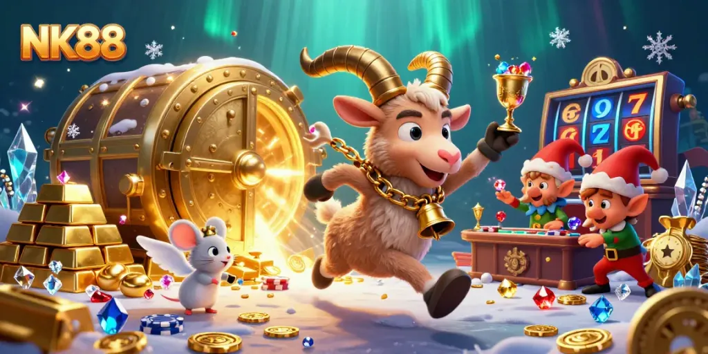 Engage in thrilling gameplay with NK88 at a holiday-themed casino filled with dynamic characters and vibrant elements.
