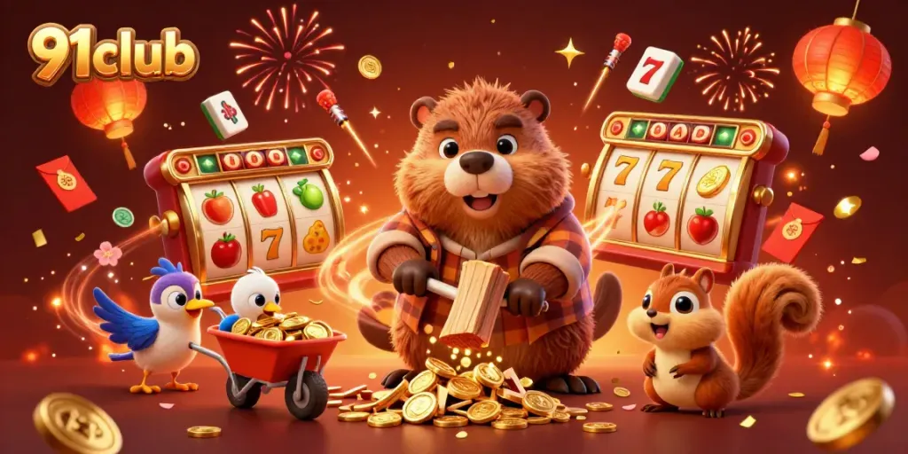 91club-themed illustration showing a beaver collecting golden coins with vibrant casino elements.