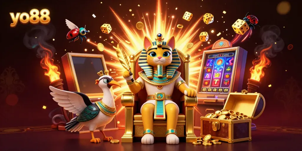 Unleash your luck at yo88 with a pharaoh cat amidst thrilling jackpot action and vibrant games.