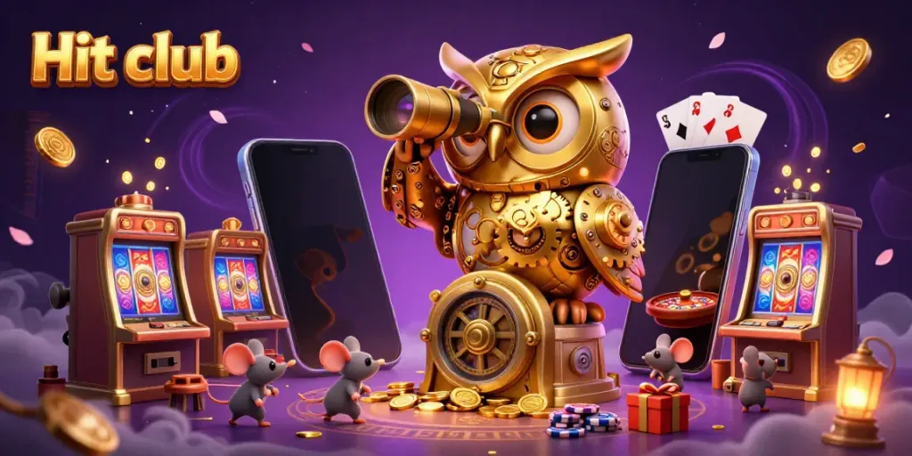 Hit club showcases a clockwork owl and tiny patrons amidst a vibrant casino scene.