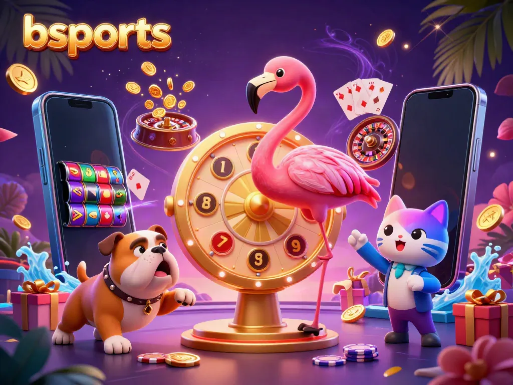 Experience the vibrant world of bsports with a lively scene of a flamingo host, bulldog contestant, and prize cat assistant.