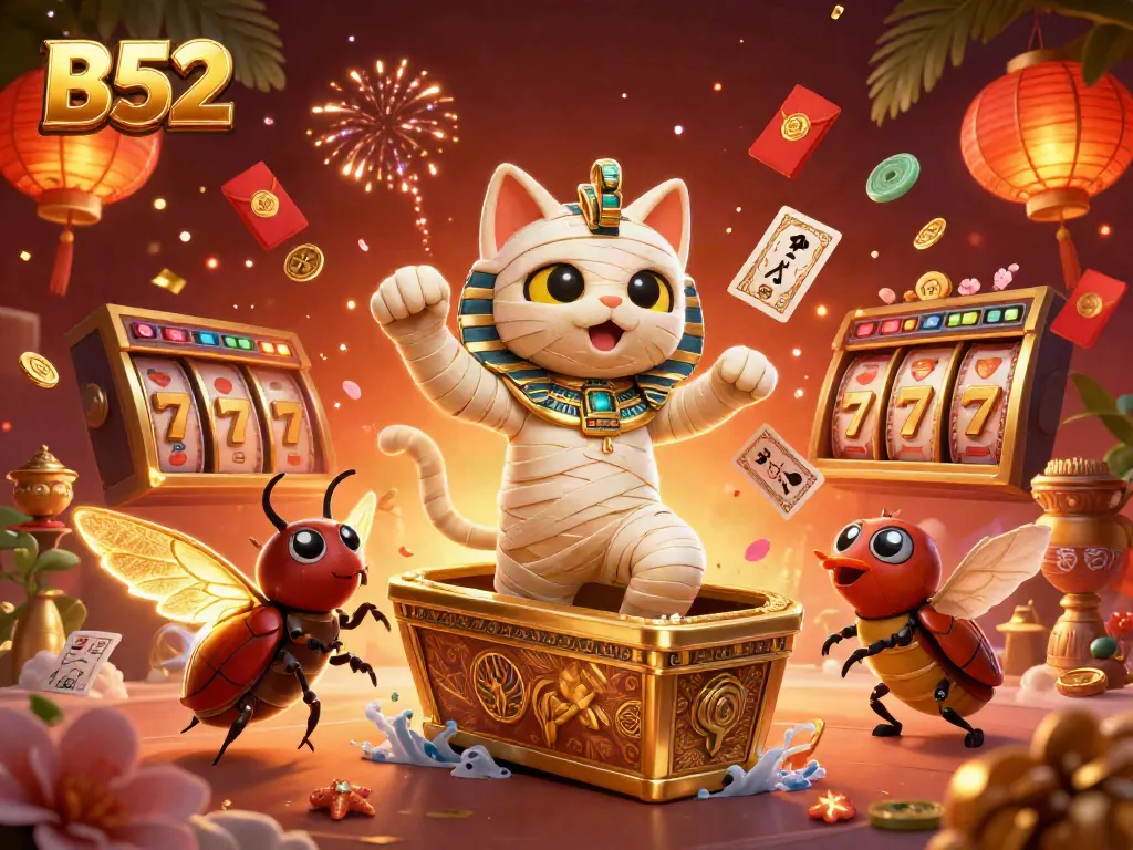 Engage in thrilling gameplay at B52 with a vibrant 3D casino scene featuring a mummy cat and treasures.