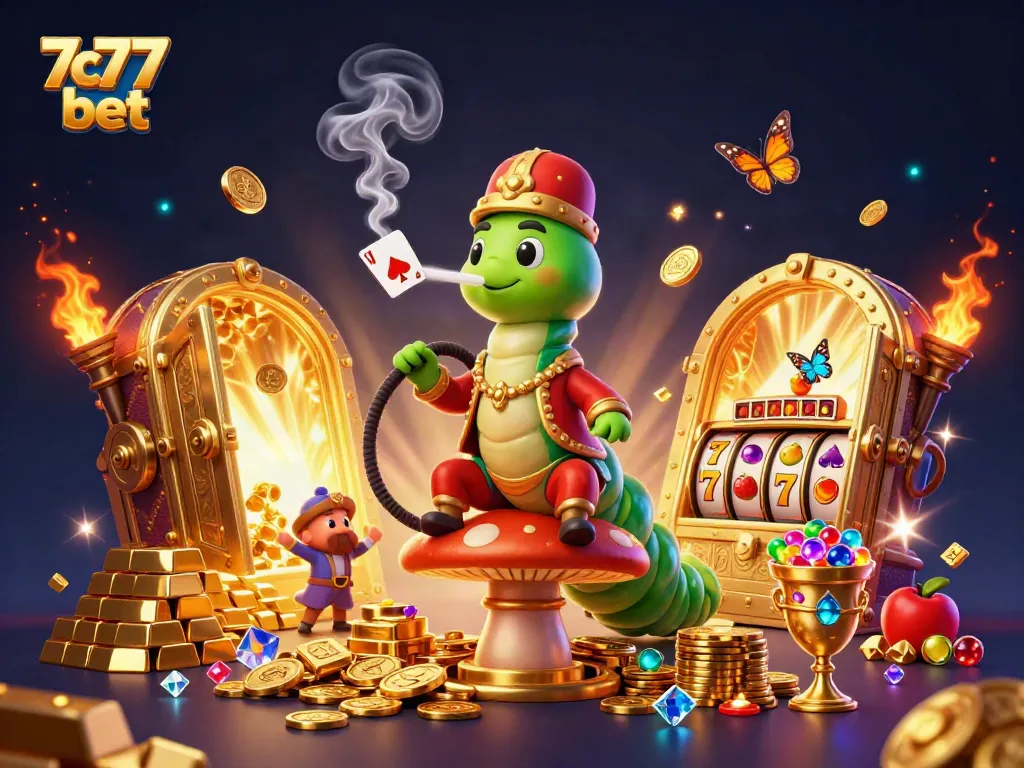 Engage in thrilling action with 7c77 bet as the colorful caterpillar master presides over a gem-filled casino scene.