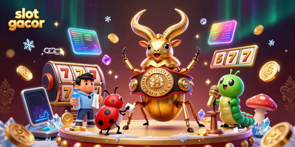 Slot gacor memperlihatkan bug raksasa bersiap bertanding dengan simbol slot di sekelilingnya.