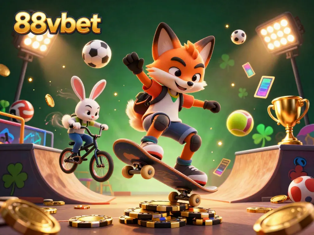 Experience the thrilling world of 88vbet with a dynamic scene featuring a fox and rabbit celebrating casino games.