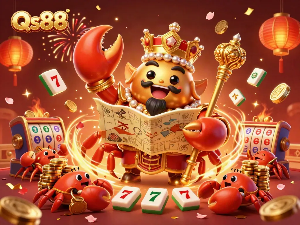 Experience the vibrant Qs88 casino world with a golden crab emperor among dynamic gaming elements.