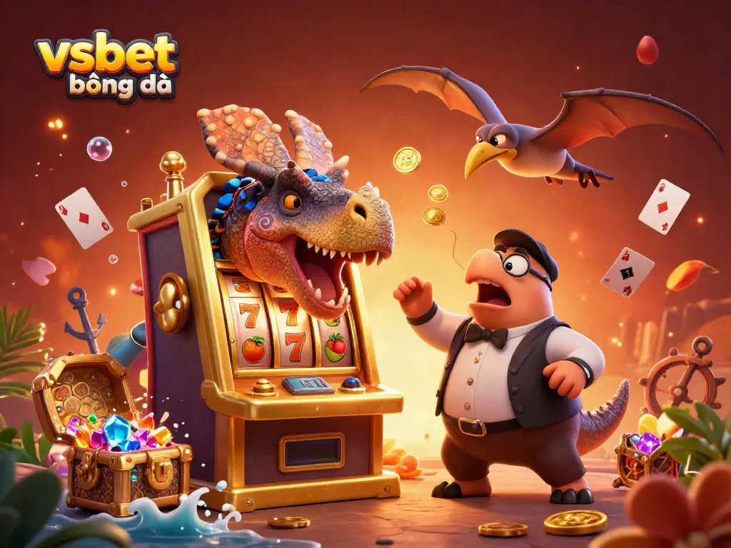 Experience vsbet bóng đá excitement with a dinosaur winning jackpots in a colorful casino.