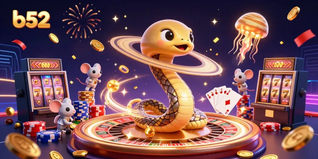 Engage in the thrilling b52 casino experience with a vibrant and dynamic cosmic-themed illustration.