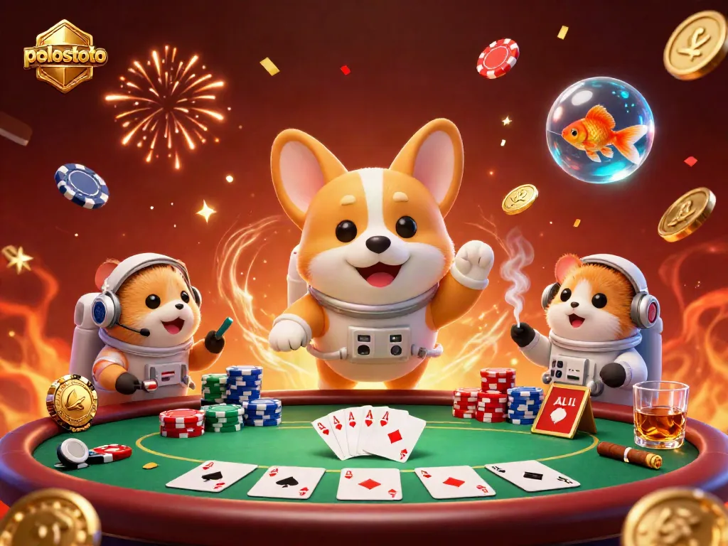 Experience thrilling gameplay at Polostoto with a lively 3D cartoon scene of a space casino featuring dynamic characters and vibrant poker elements.