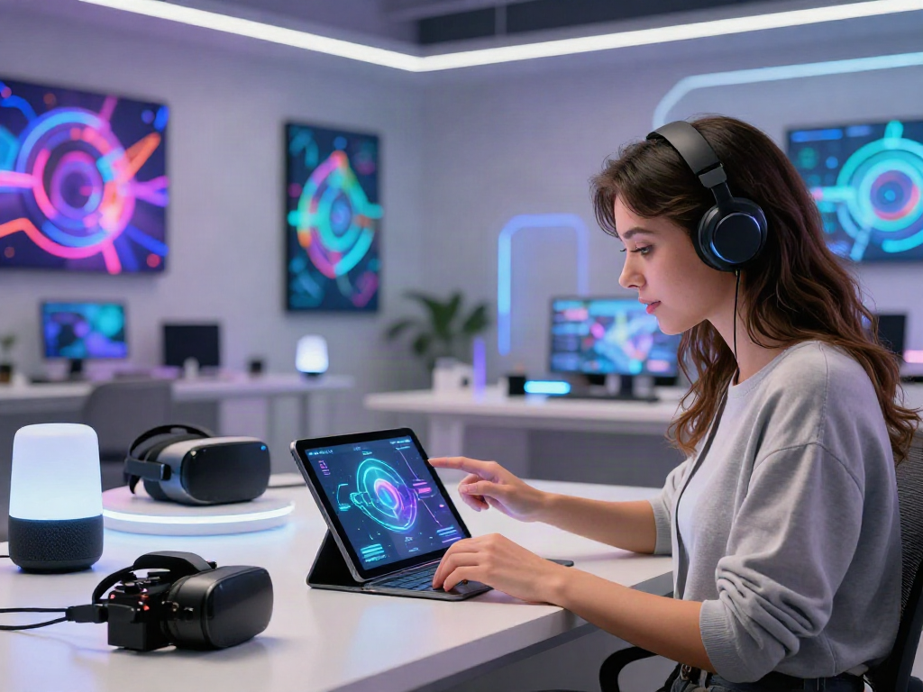 Engaging woman using ai 18+ tablet in a modern tech workspace