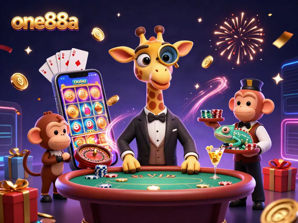 Experience vibrant casino action with one88a, featuring a high-roller giraffe and monkey valet among gaming elements.