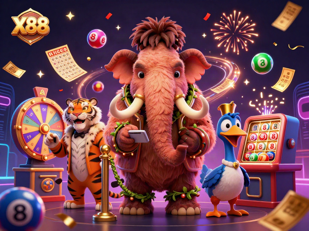 X88 engages players in vibrant gaming excitement with cartoon characters and colorful gambling elements.