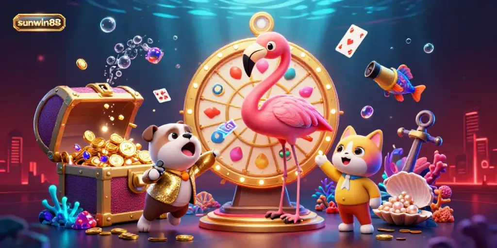 Experience excitement with sunwin88 as a flamingo host spins the prize wheel in a vibrant casino scene.