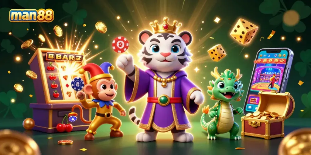 Experience the thrill of man88 with a vibrant 3D casino scene featuring captivating characters and jackpot excitement.