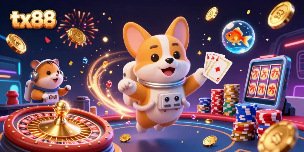 Experience excitement with tx88's lively casino scene featuring a floating corgi and dynamic game elements.