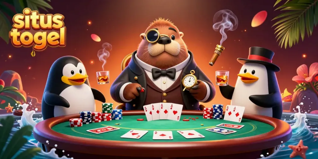 Engage in situs togel excitement with a jolly walrus and friends at an underwater poker table.