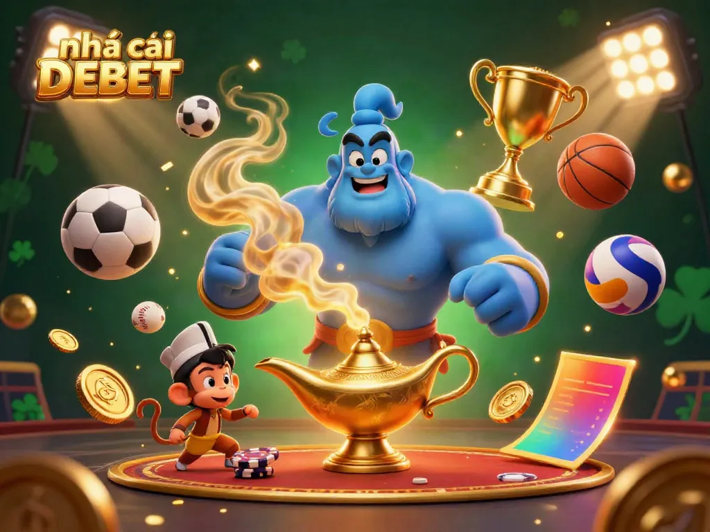 Experience the excitement at nhà cái DEBET with a genie and flying poker chips in vibrant colors.