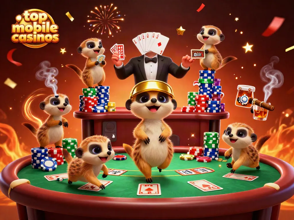 Experience top mobile casinos with this vibrant illustration of meerkats at a lively poker table.