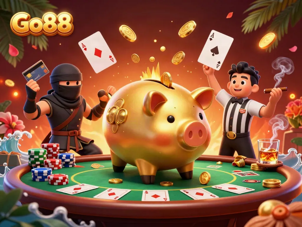 Experience golden coins showering in Go88's vibrant casino scene with playful characters.