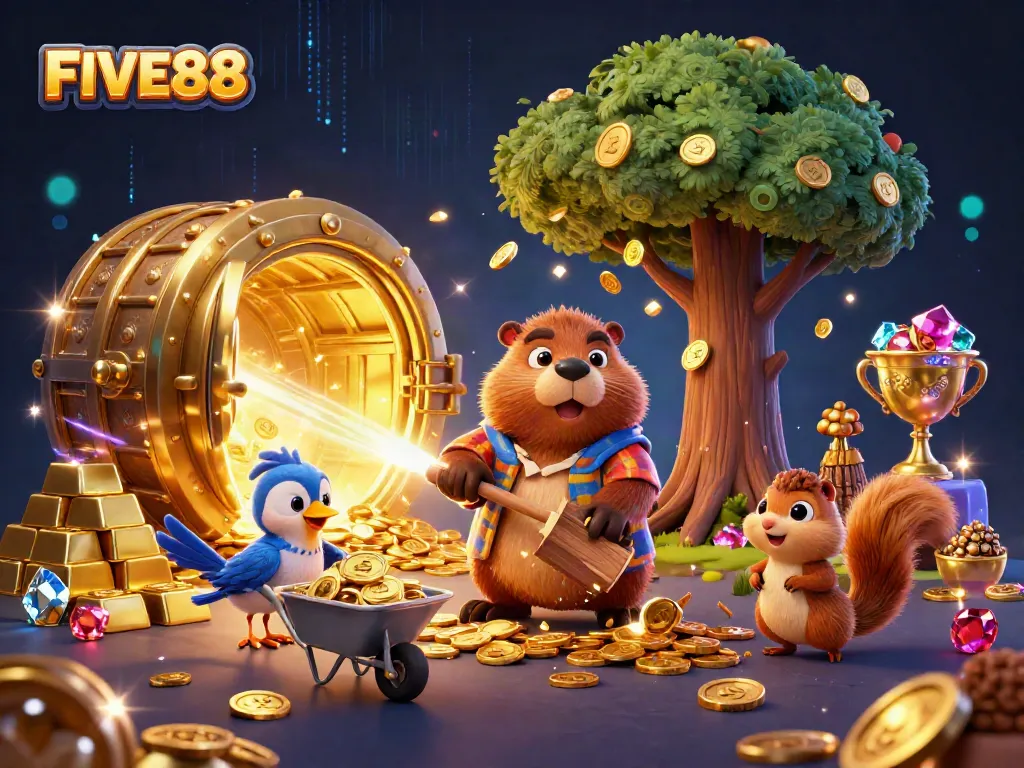 Experience vibrant gameplay with FIVE88's dynamic casino scene, featuring charming characters and golden treasures.