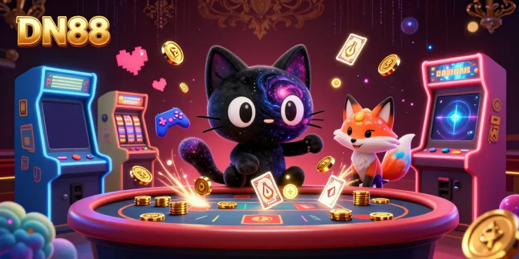 Experience the excitement of DN88 with a vibrant cosmic casino scene featuring a black hole cat and nebula fox.