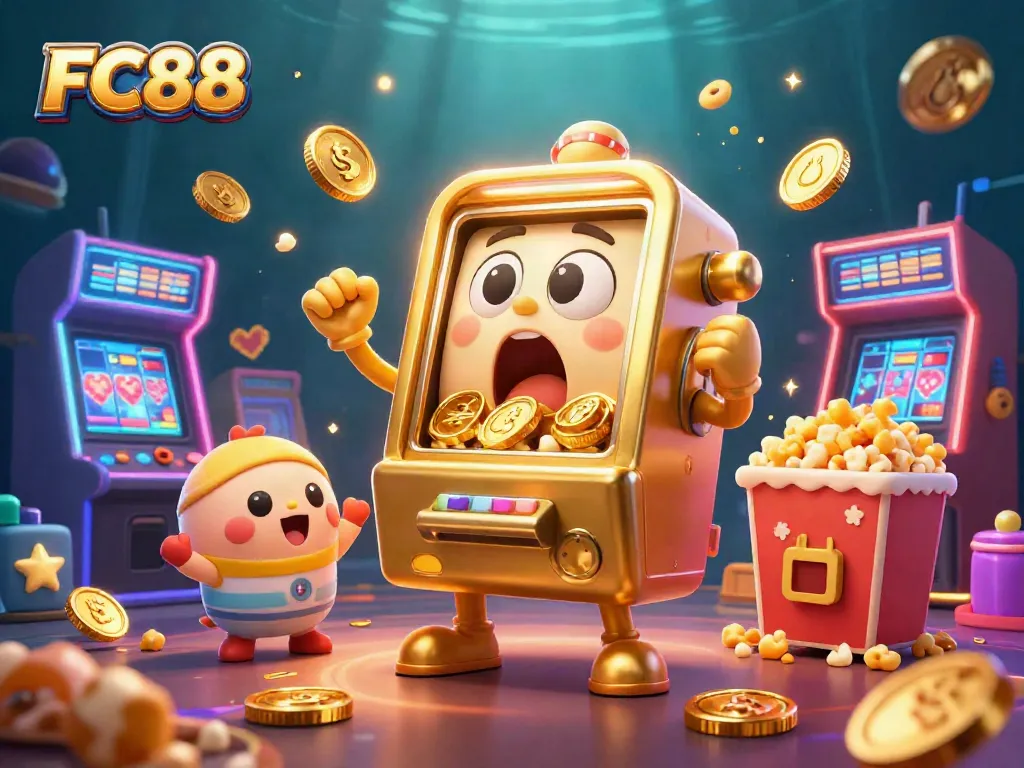FC88 slot machine celebrates a jackpot with coins pouring out, amidst vibrant arcade game machines and dynamic energy.