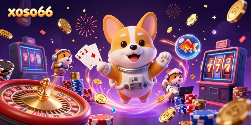 Experience excitement at xoso66 in a vibrant casino scene with floating characters and games.