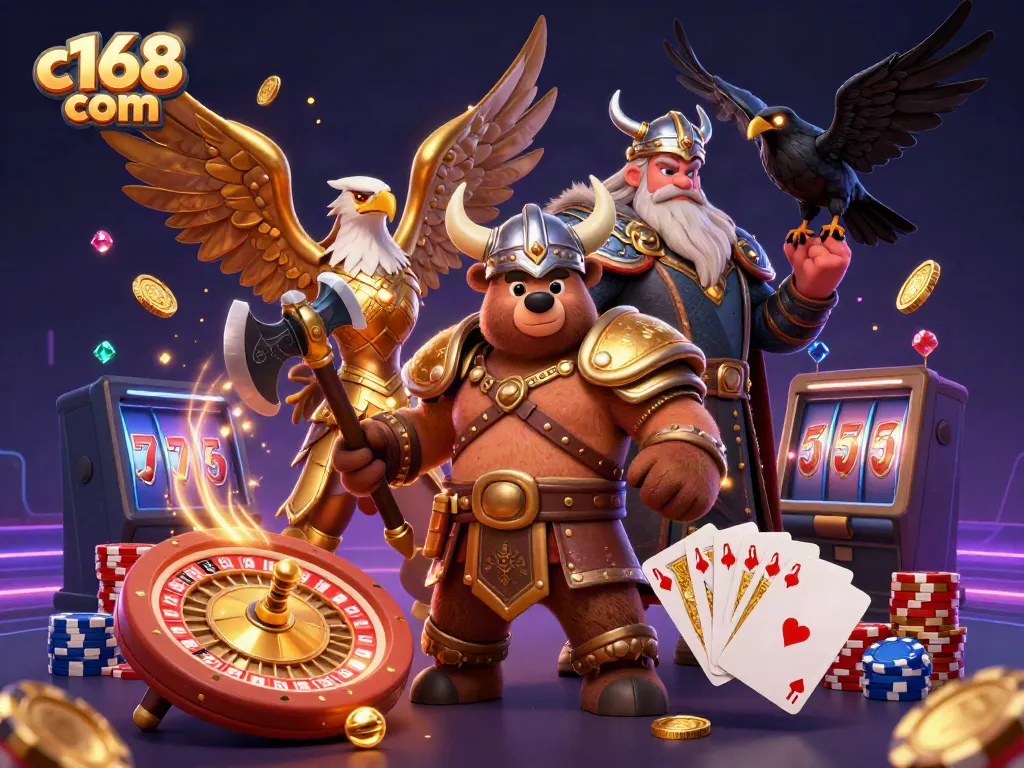 Spin and win at c168 com with an electrifying casino experience captured in vibrant 3D art.