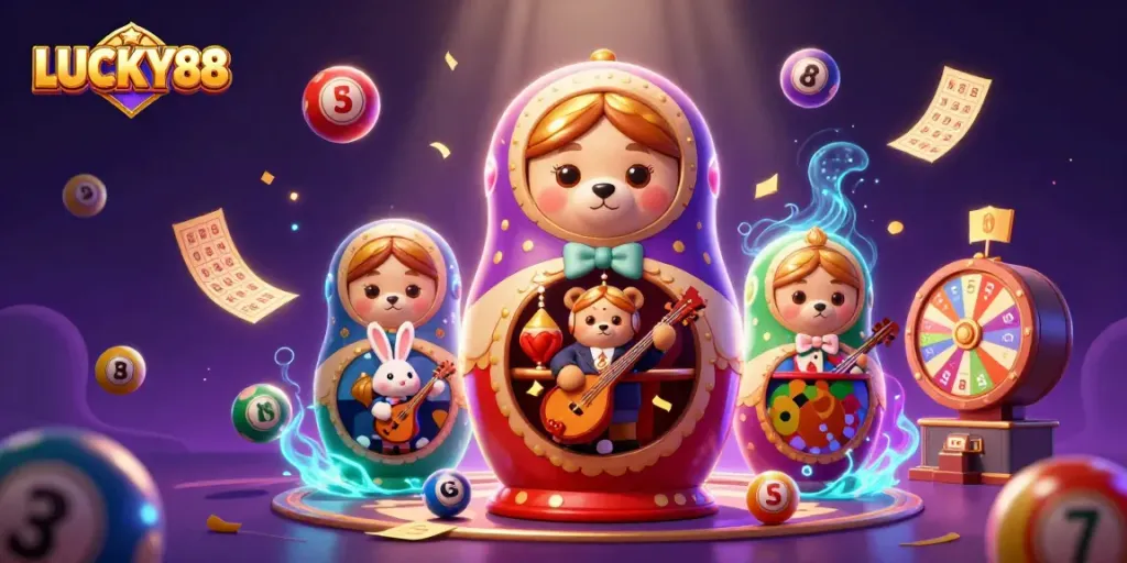 Play thrilling games at LUCKY88 with vibrant design featuring Matryoshka bears and casino elements.