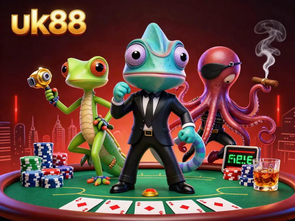 Experience high stakes poker action with uk88 featuring a secret agent chameleon and golden gadget gecko.