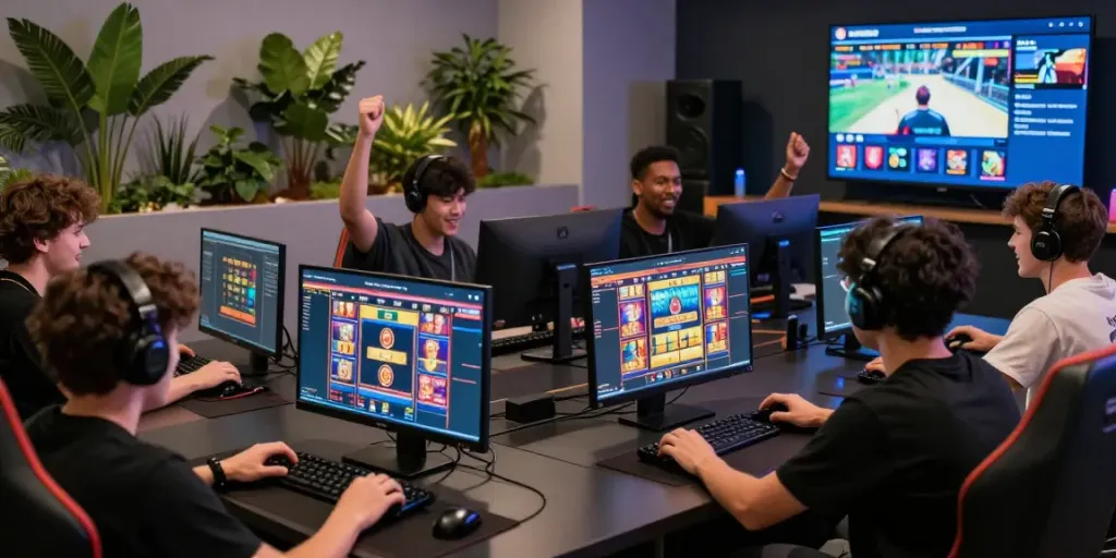 Group of excited players celebrating wins on MANTUL88 login while streaming gameplay in a modern gaming lounge.