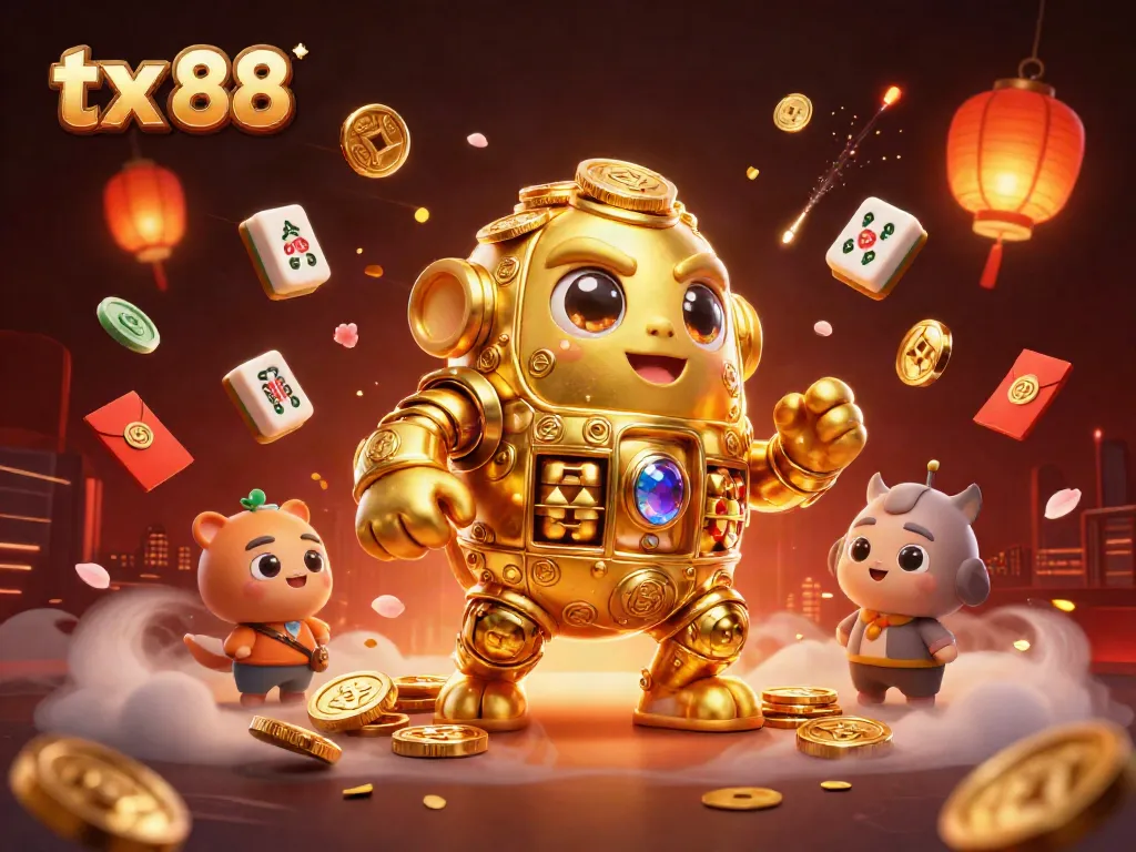 Experience the thrill of tx 88 with a golden golem amidst casino games and symbols.