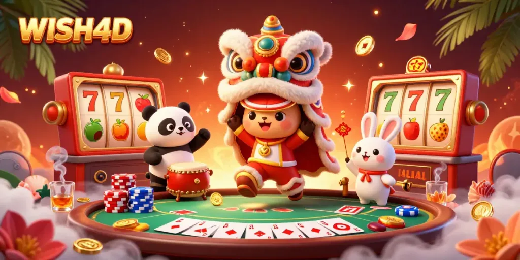 Experience thrilling slots and vibrant gaming action with WISH4D's captivating 3D illustration showcasing a festive lion dance.