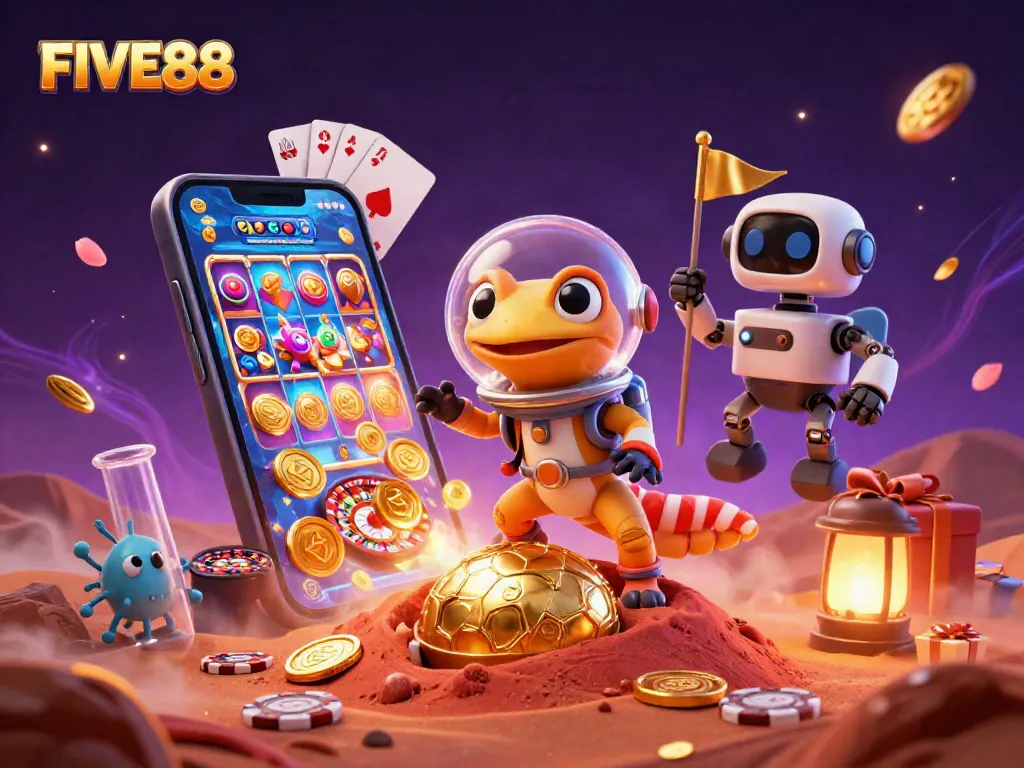 Engage in dynamic gaming action at FIVE88 with a Martian gecko exploring a golden casino.