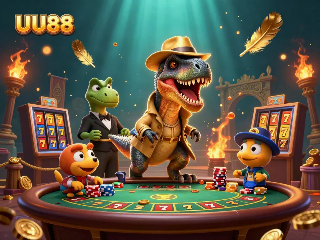 Engage with UU88's lively casino scene featuring a velociraptor and stegosaurus at the blackjack table.