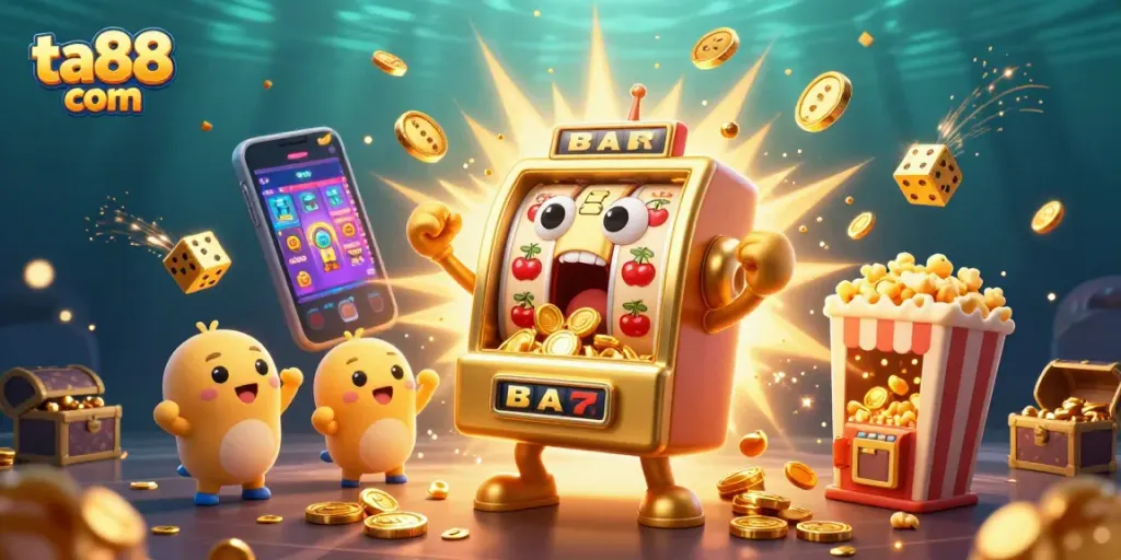 Experience an exciting jackpot celebration at ta88 com with a colorful 3D slot machine scene.