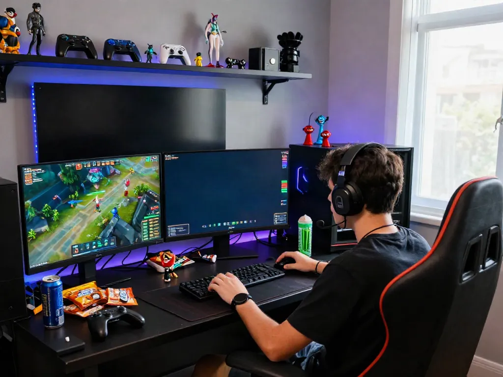 Engaged player in a vibrant gaming setup showcasing kilat404 online gaming experience in 2026.