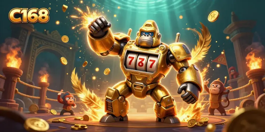 Experience the thrill of C168 as golden mech and monkey pilot burst with coins in a dynamic 3D casino scene.