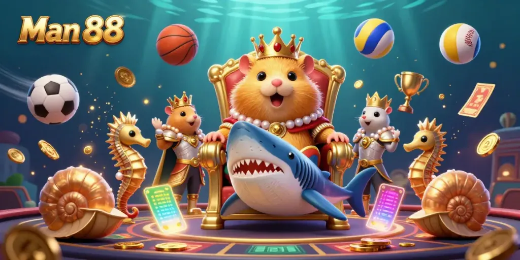 Experience the excitement of Man 88's vibrant casino, showcasing a golden hamster king surrounded by dynamic sports elements.