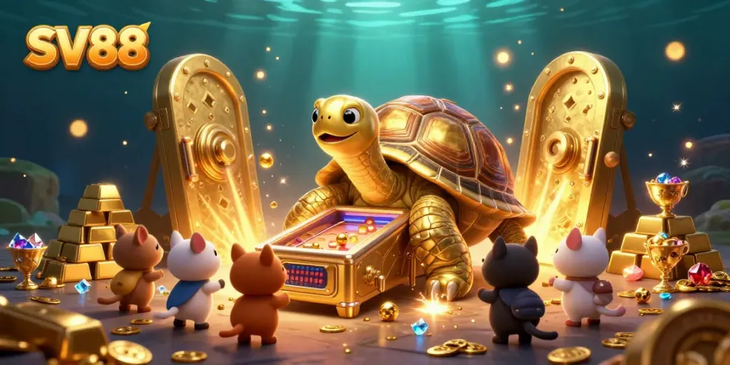 Play exciting games at SV88 with a colossal golden tortoise showcasing a vibrant casino scene full of treasures.