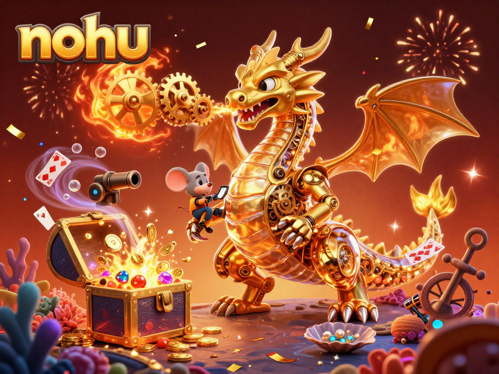 Nohu players spin golden reels in an immersive 3D dragon-filled casino scene