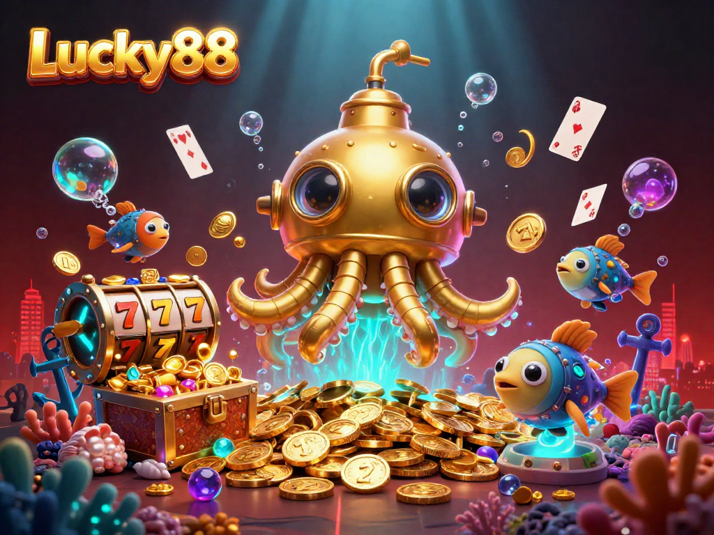 Experience winning thrills at Lucky88 with golden kraken submarine and jackpot symbols amidst vivid underwater treasures.
